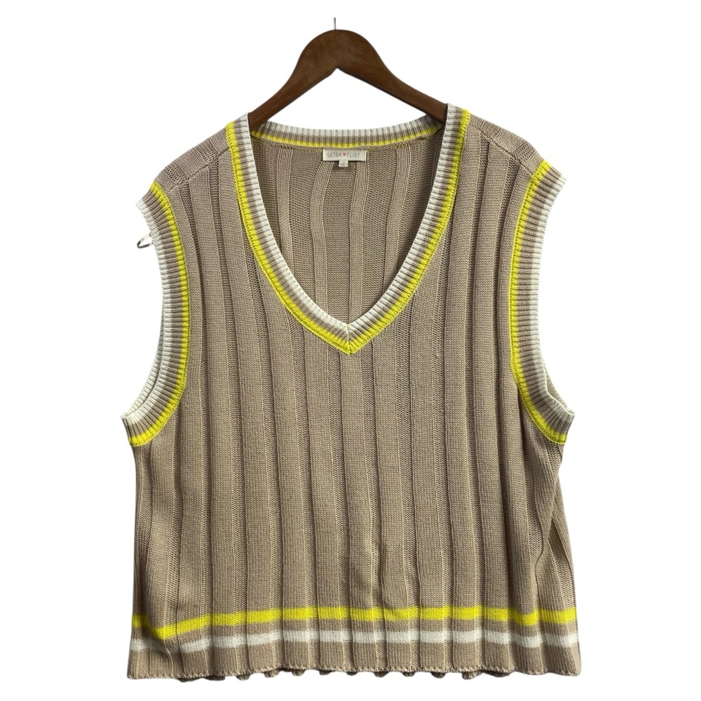 Ultra Flirt Taupe V-Neck Sleeveless Sweater Vest with Yellow & White Trim